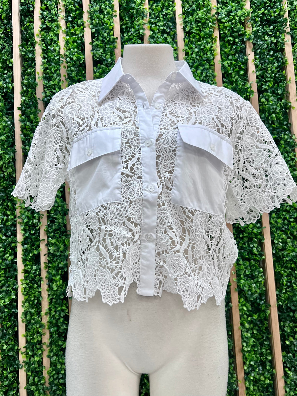 White Contrast Lace Button Down Lace Blouse