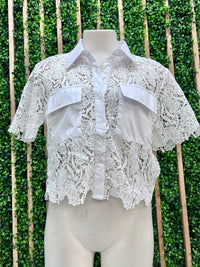 White Contrast Lace Button Down Lace Blouse