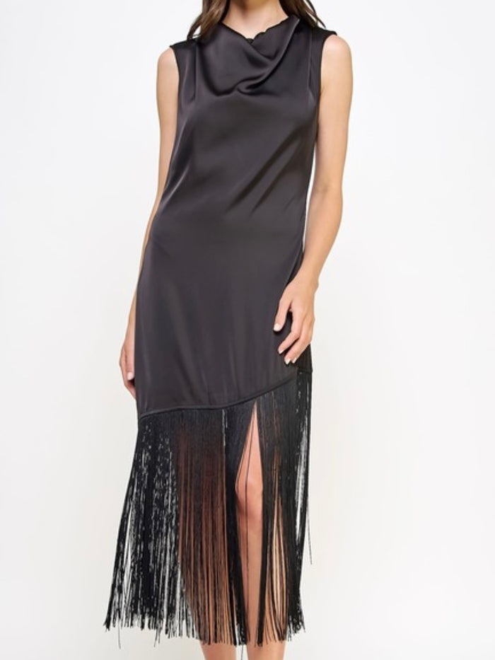 Black Cowl Neck Fringe Midi Dress