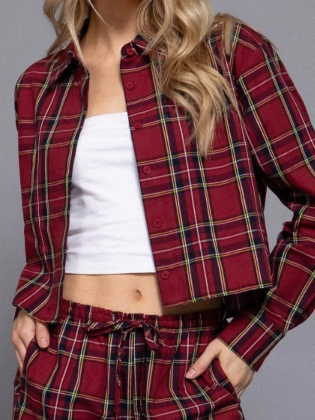 Red Plaid Cropped Button-Up Shirt