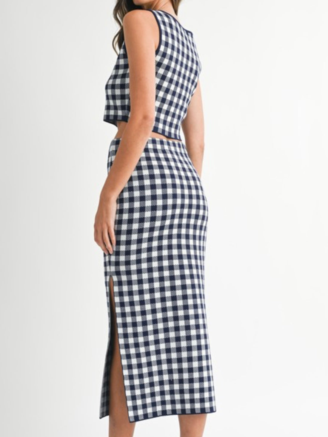 Beautiful Knit Navy Gingham Midi Skirt