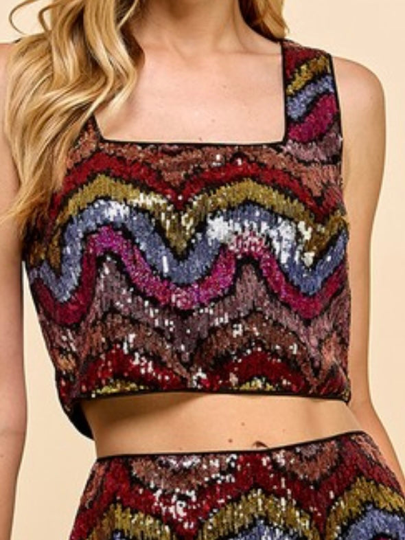 Multicolor Chevron Sequin Crop Top