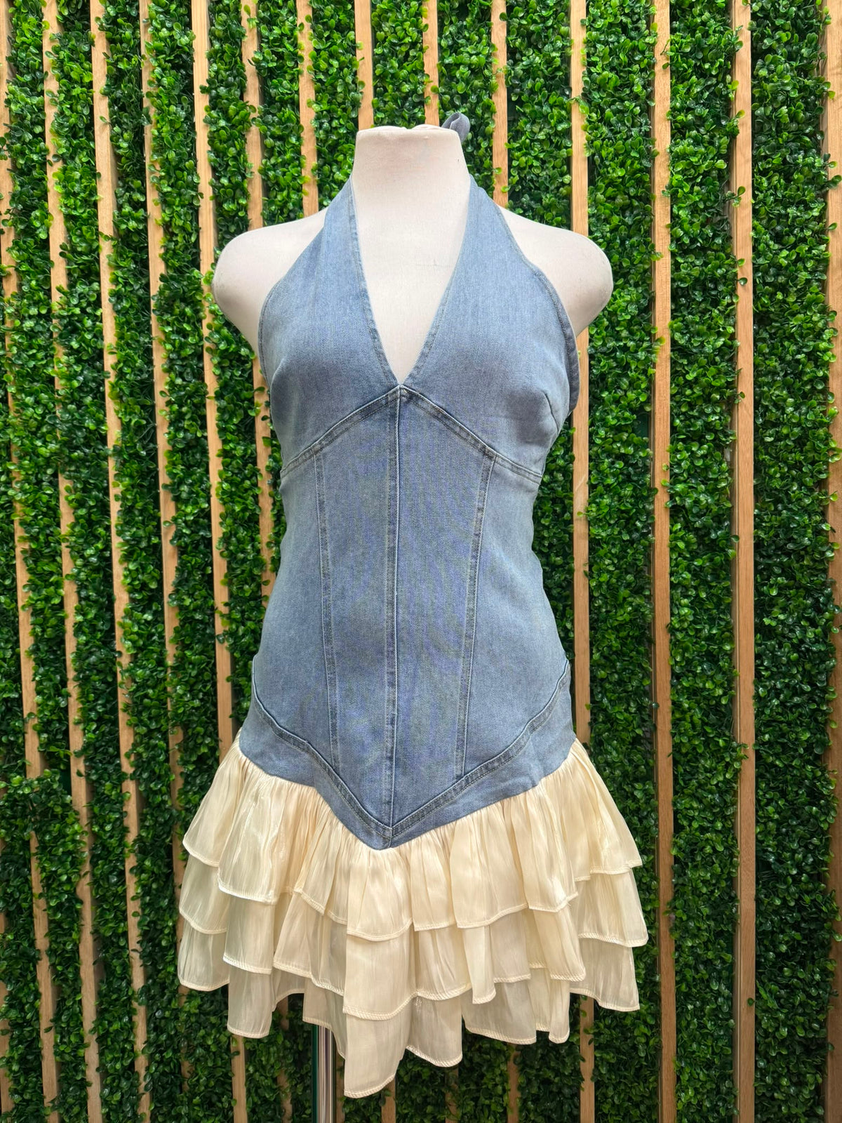 Denim Halter Mini Dress with Ivory Ruffle Skirt
