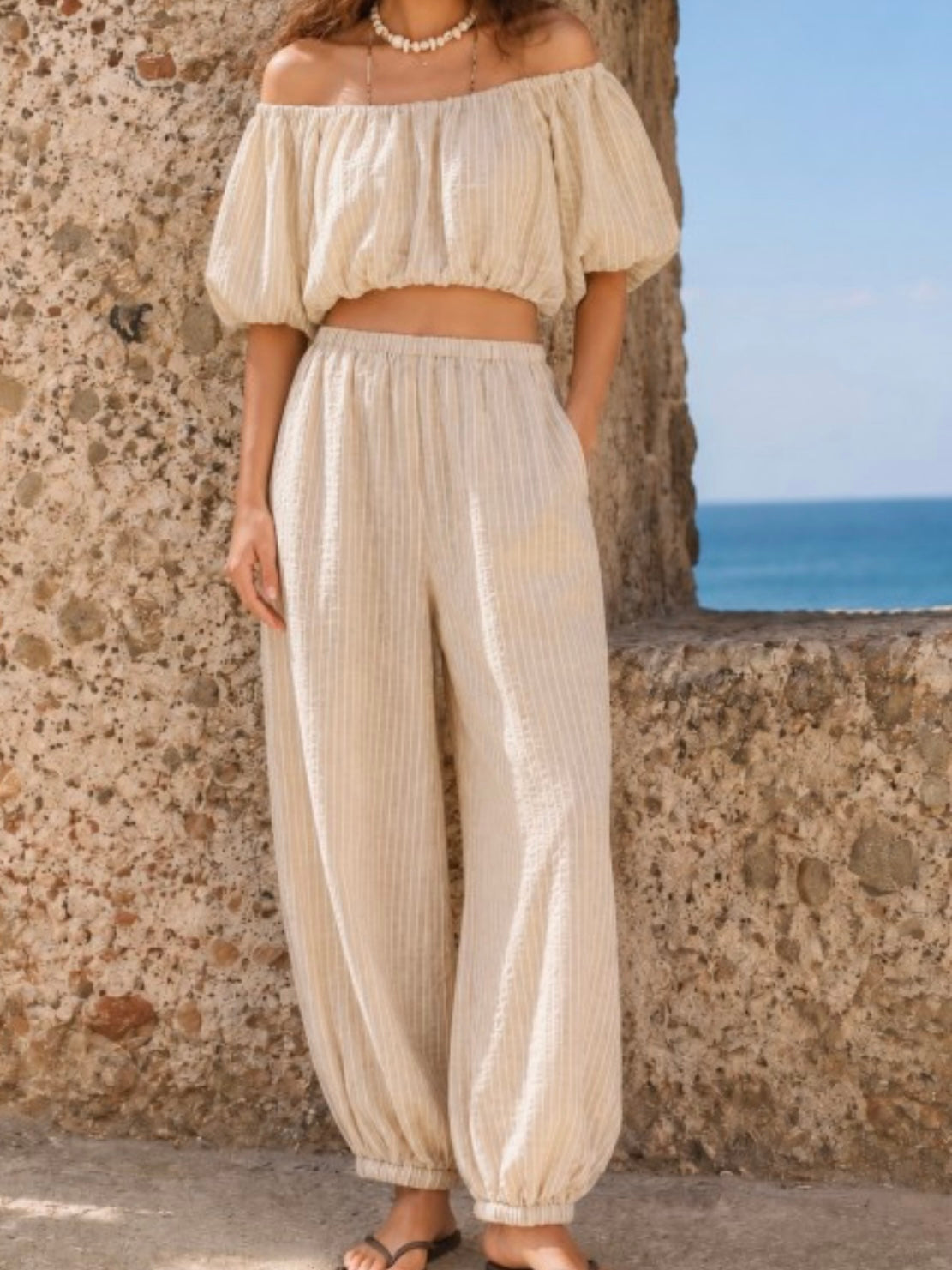Sand Stripe Off Shoulder Crop Top