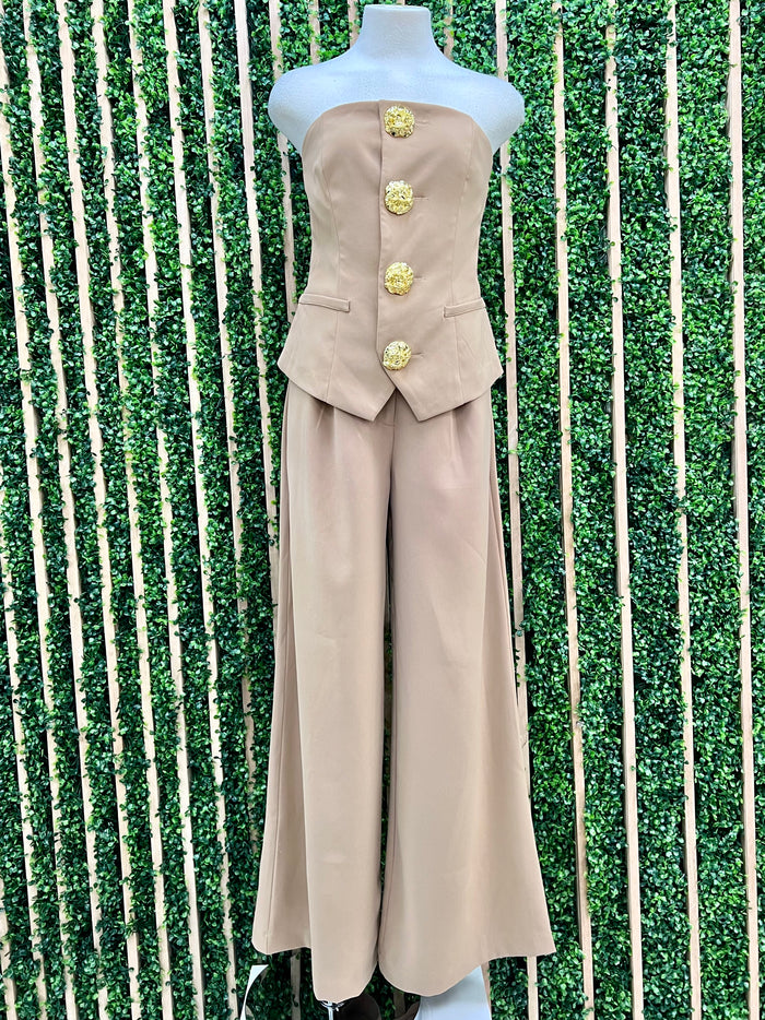 Exquisite Mocha Button Detail Strapless Jumpsuit