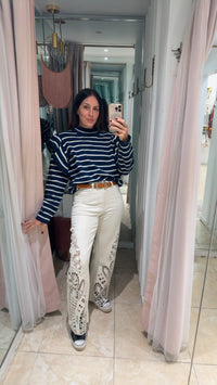 Cream Side Lace Legs Wide Leg Denim Pant