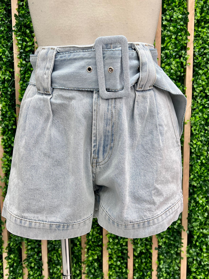 Light Denim High Waist Belted Short
