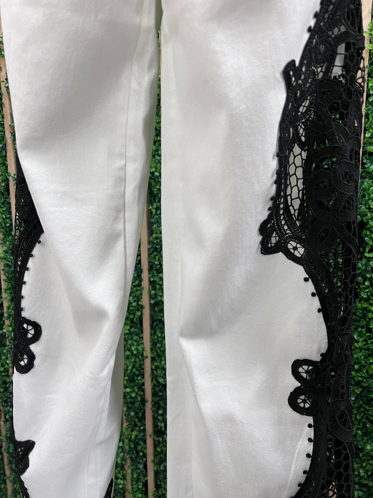 Black Lace Trim White Wide Leg Denim