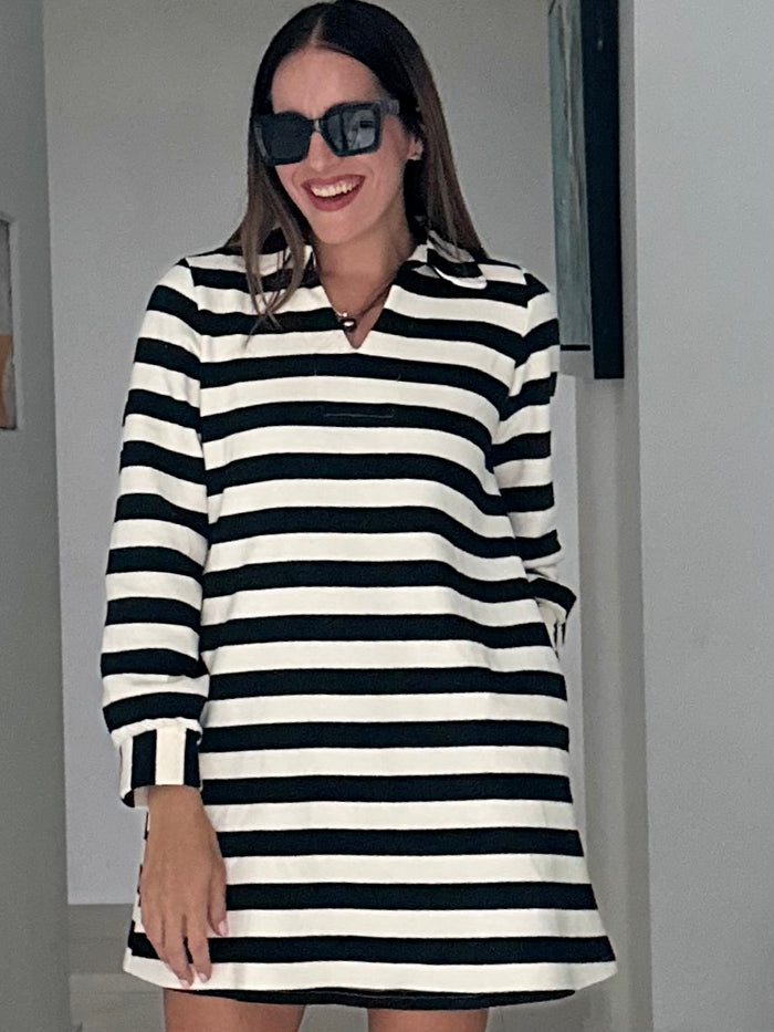 Black Striped V Neck Shift Dress