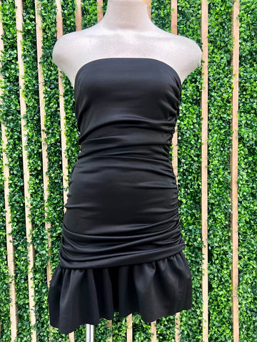 Black Faux Leather Ruffled Sleeves Short Dress