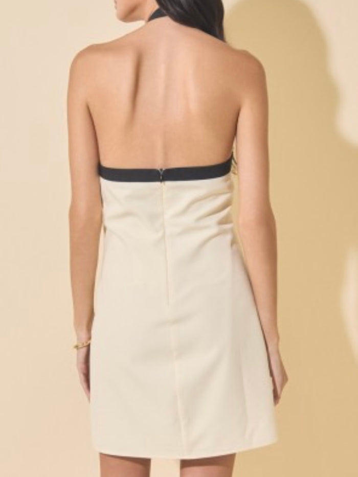 Ivory & Black Bow Halter Mini Dress