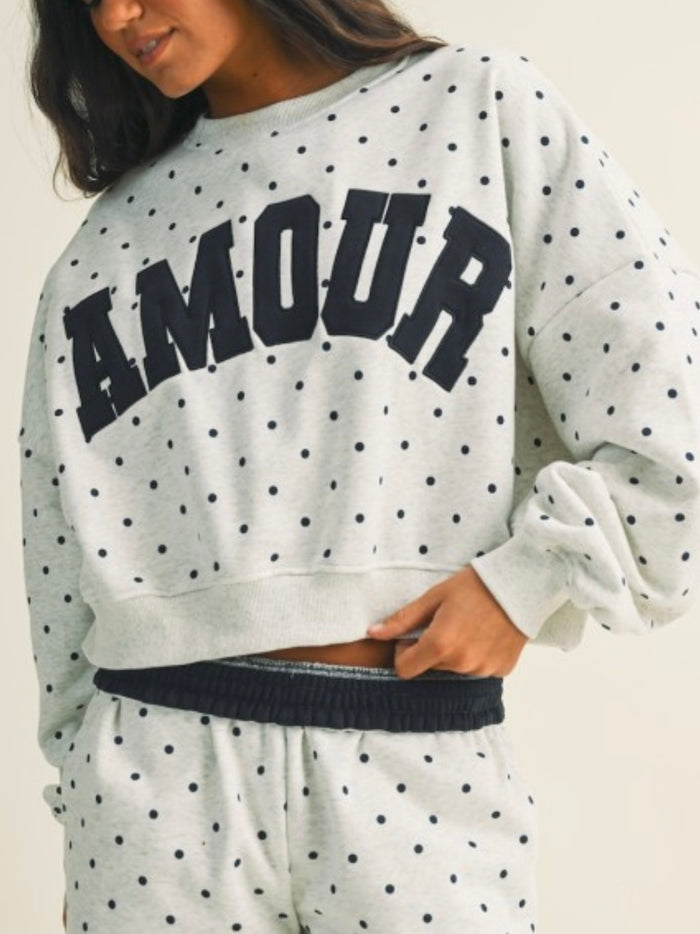 Amour Polka Dot Heather Grey Oversized Crew Neck Sweater