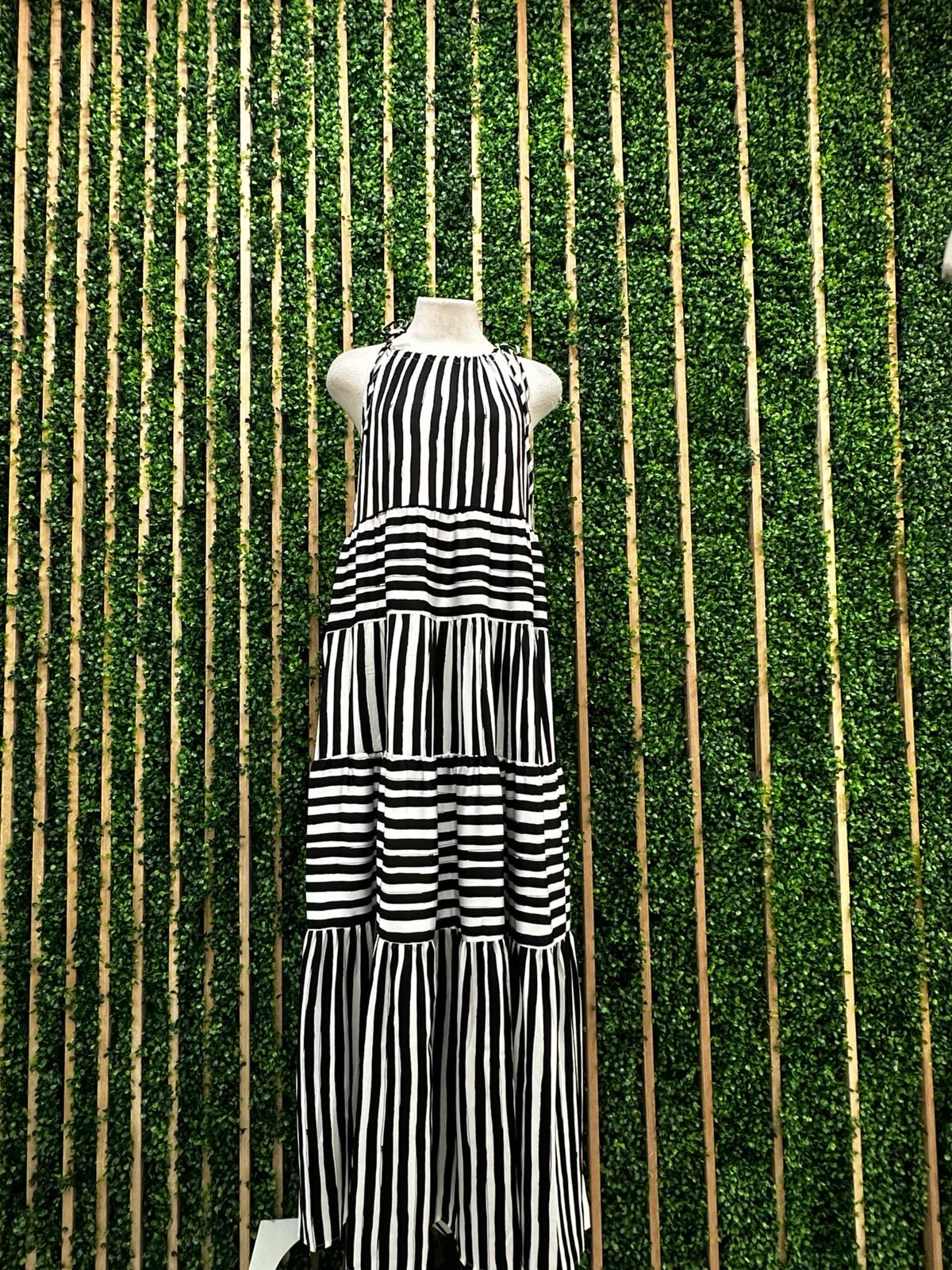 White Black Stripes Tiered Maxi Dress