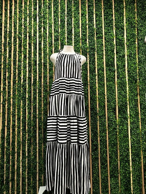 White Black Stripes Tiered Maxi Dress