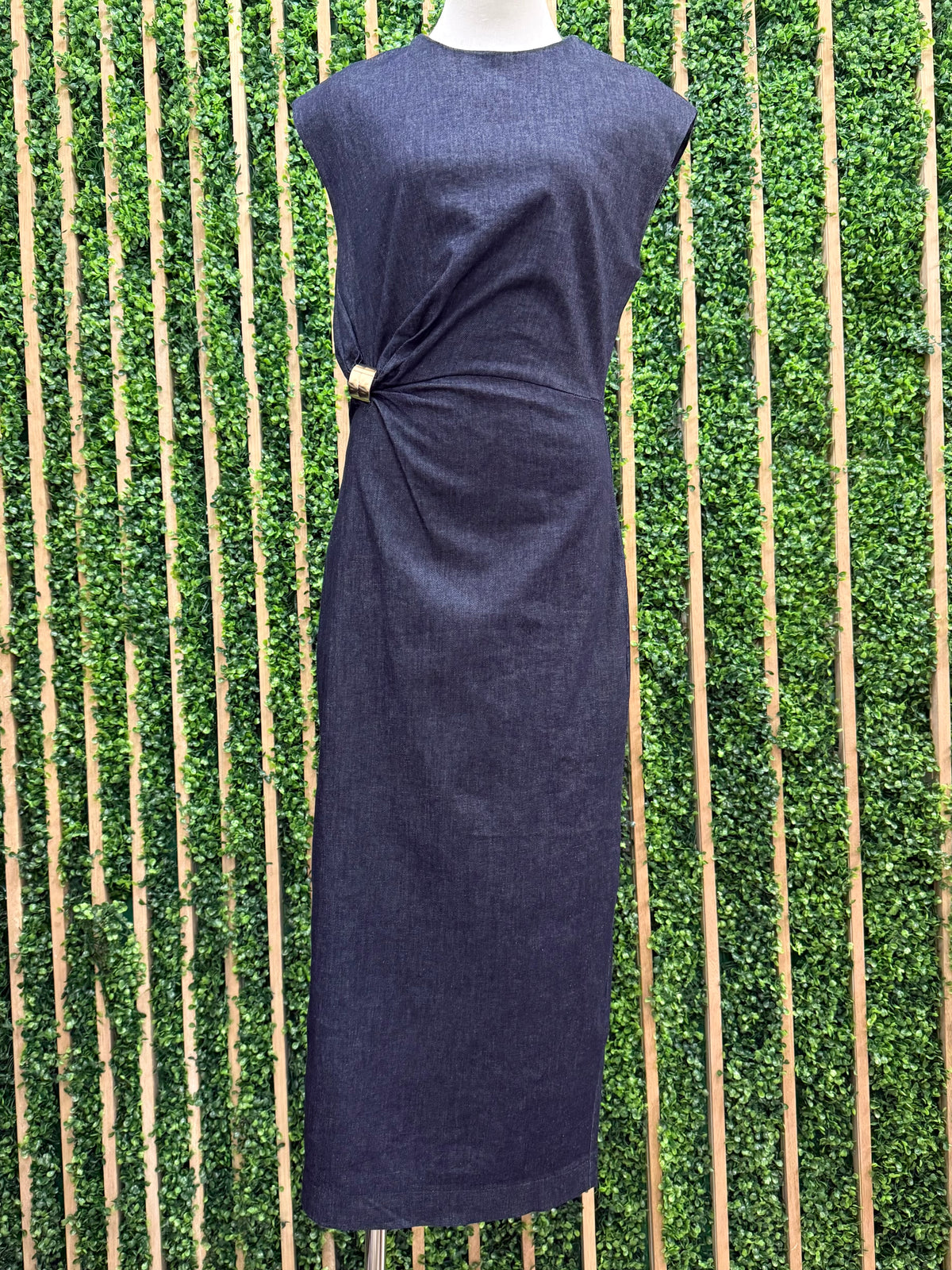 Brooch Detail Dark Denim Fitted Midi Dress