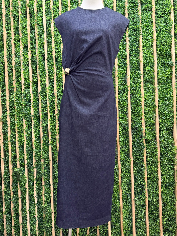 Brooch Detail Dark Denim Fitted Midi Dress