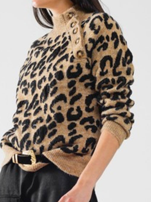 High Neck Button Detail Leopard Sweater