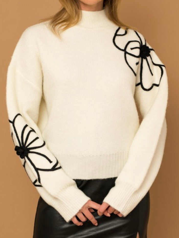 Flower Embroidery Mock Neck Sweater