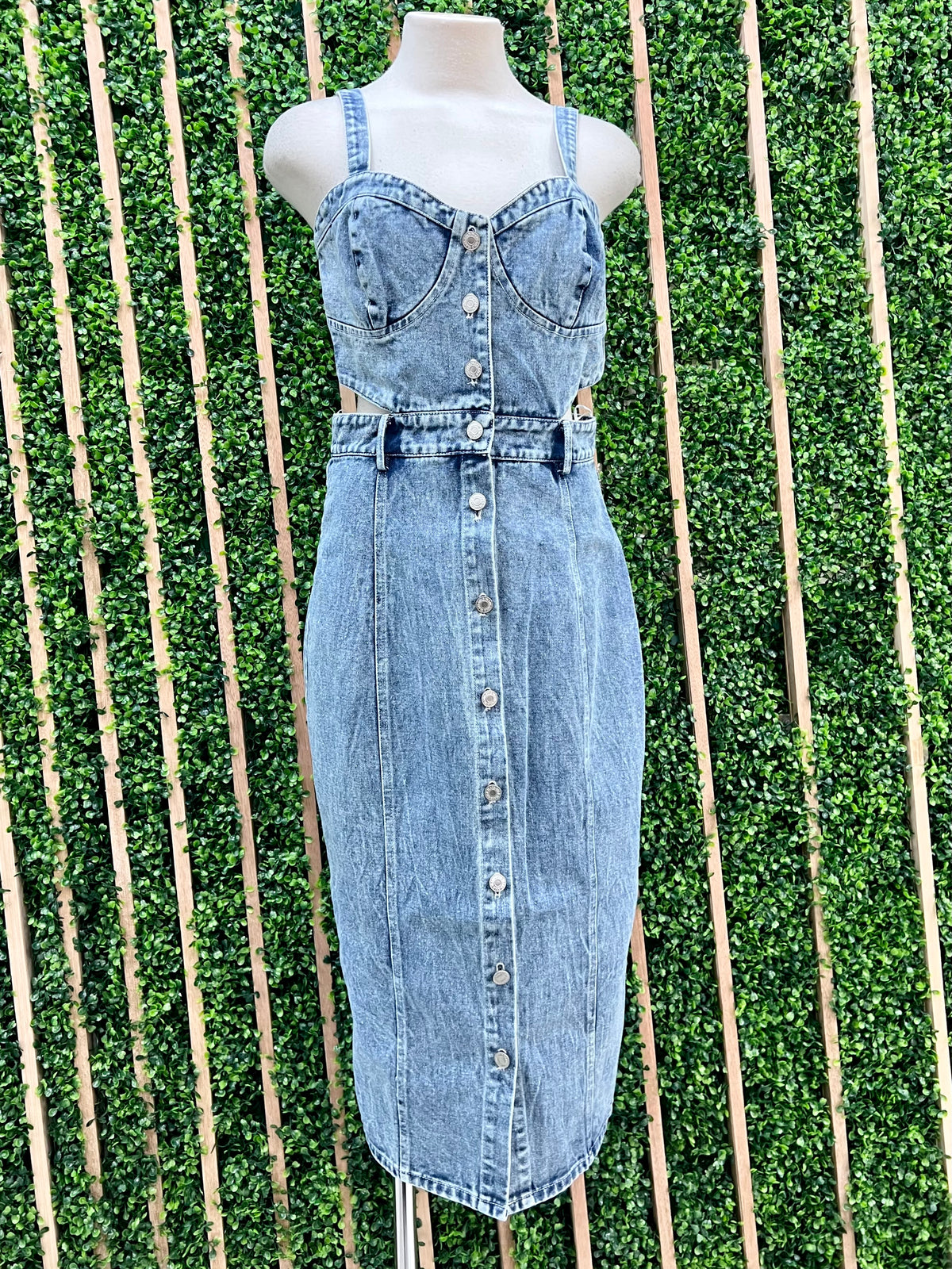 Mineral Wash Denim Cutout Midi Dress