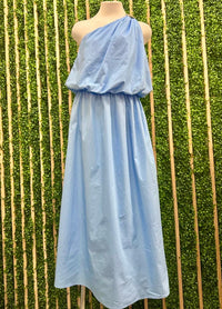 Azure One-Shoulder Goddess Maxi Dress