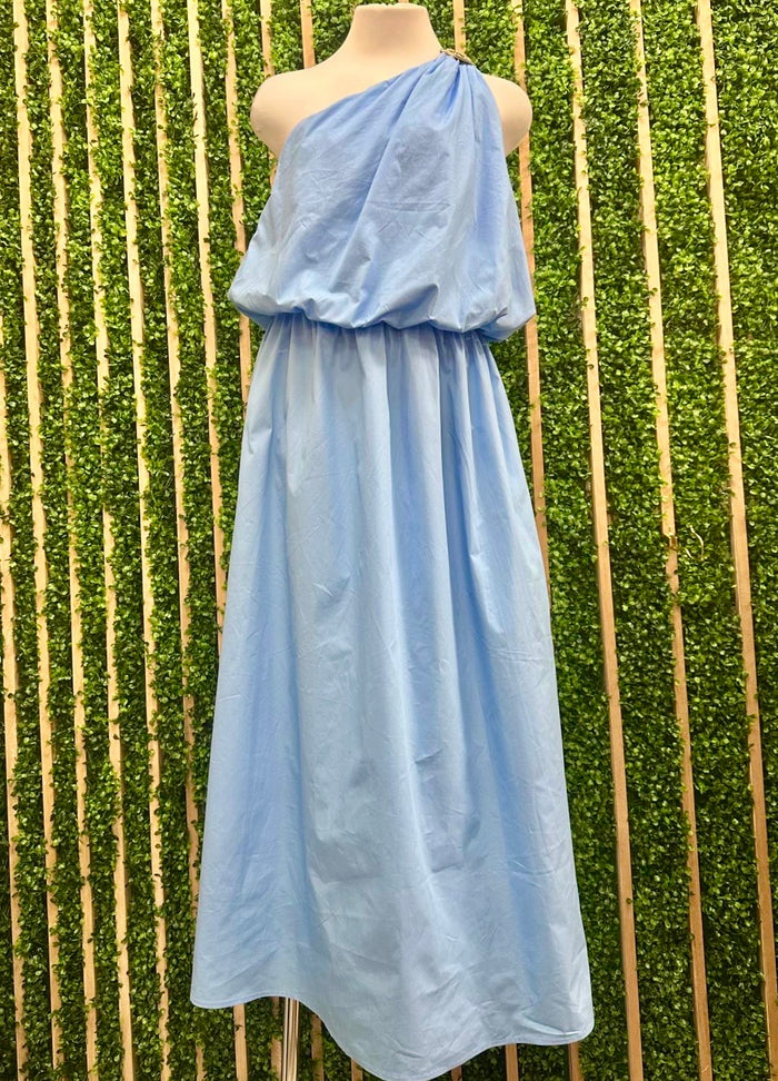 Azure One-Shoulder Goddess Maxi Dress
