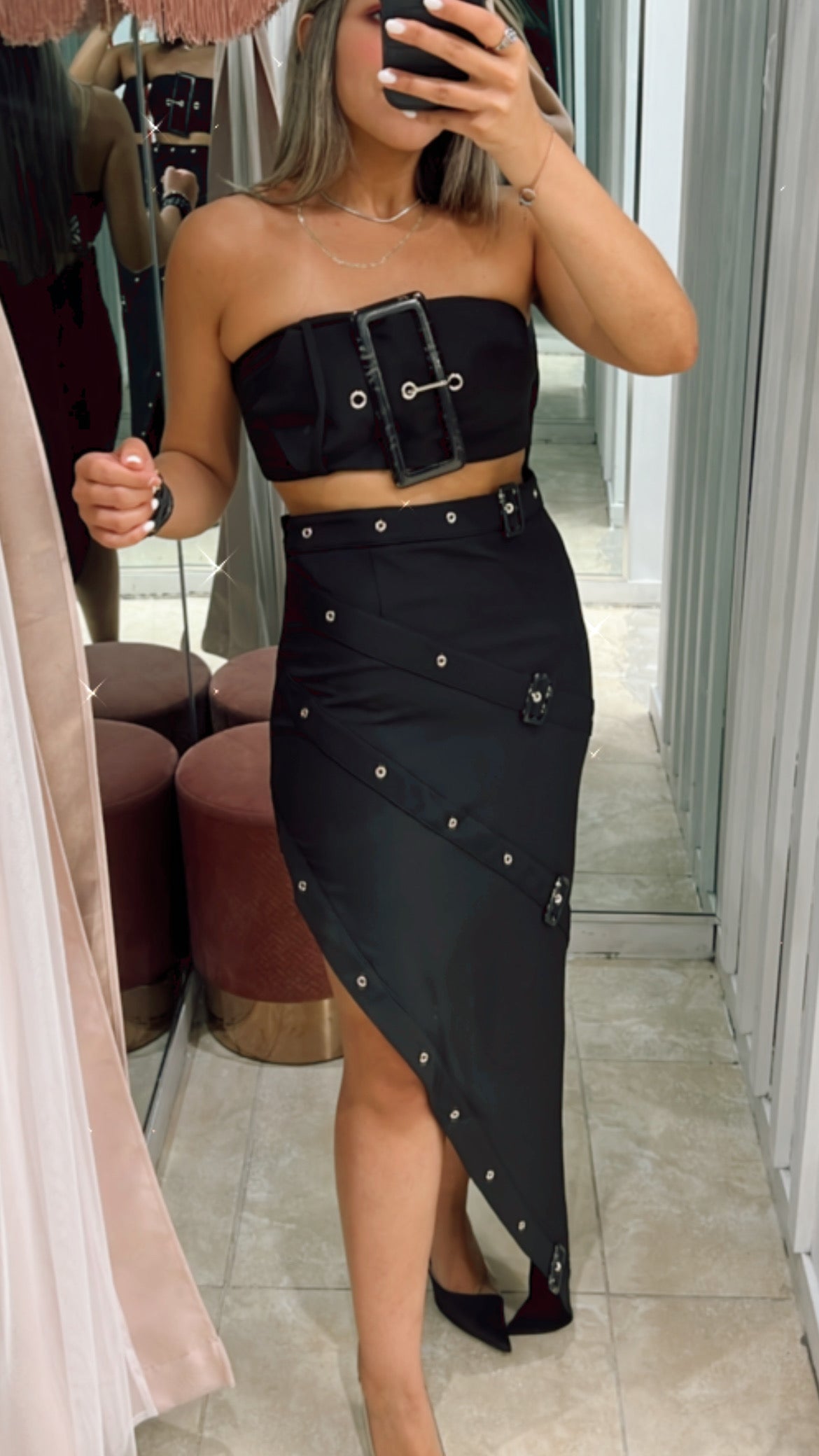 Black Buckle Trim Skirt Set