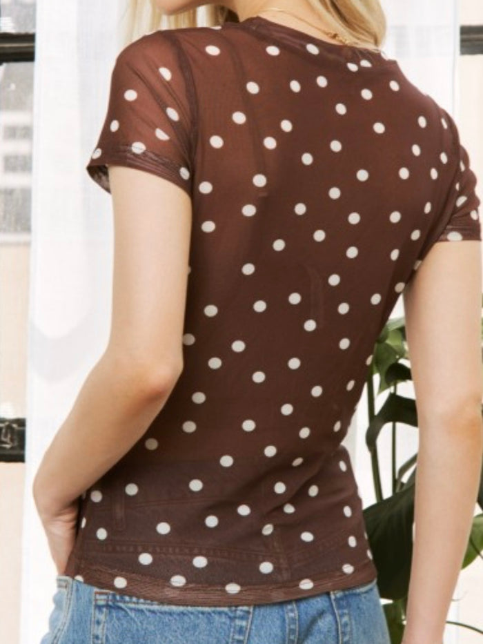 Polka Dot Mesh Print Slim Fit Short Sleeves Top