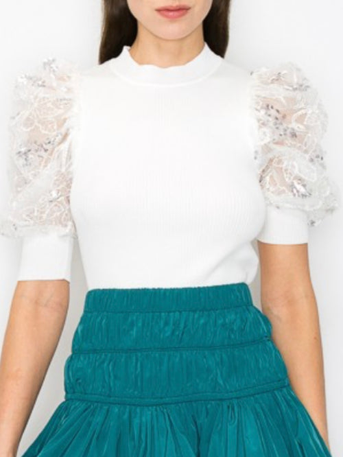 White Embroidered Organza Sleeves knit