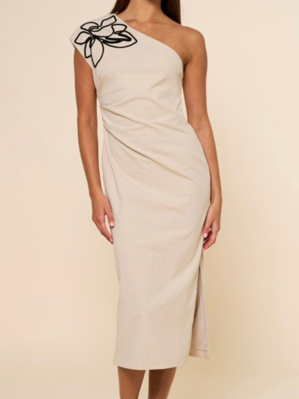 Taupe Black Flower Embroidery Fitted One Shoulder Midi Dress