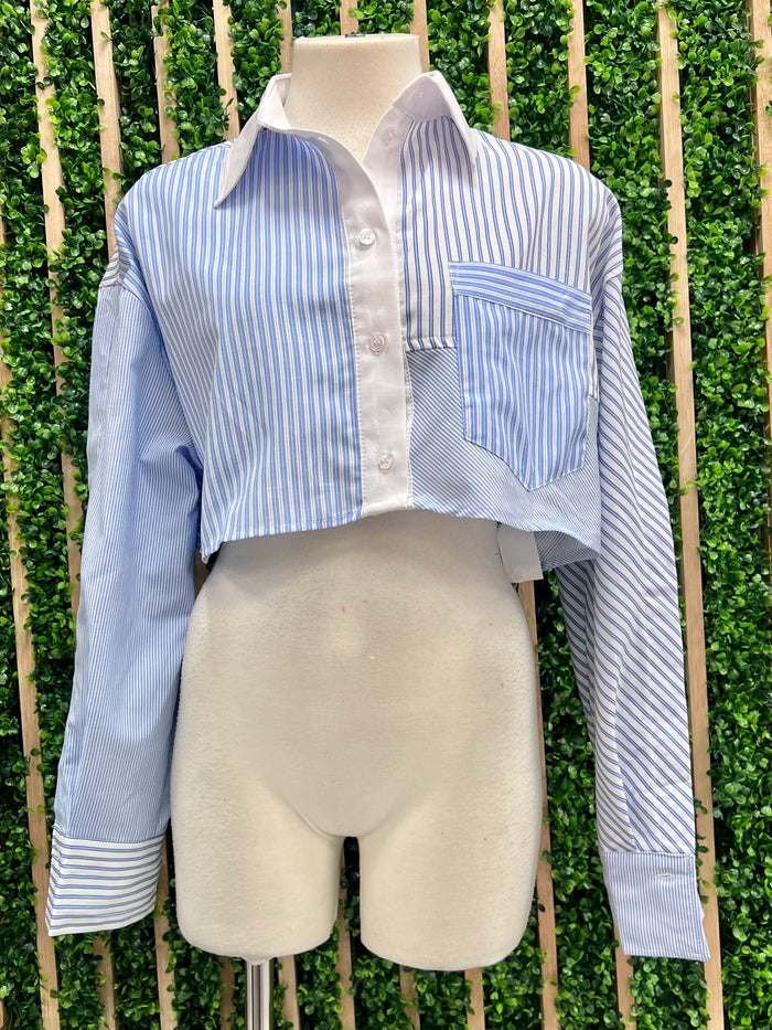 Blue Block Button Down Crop Top