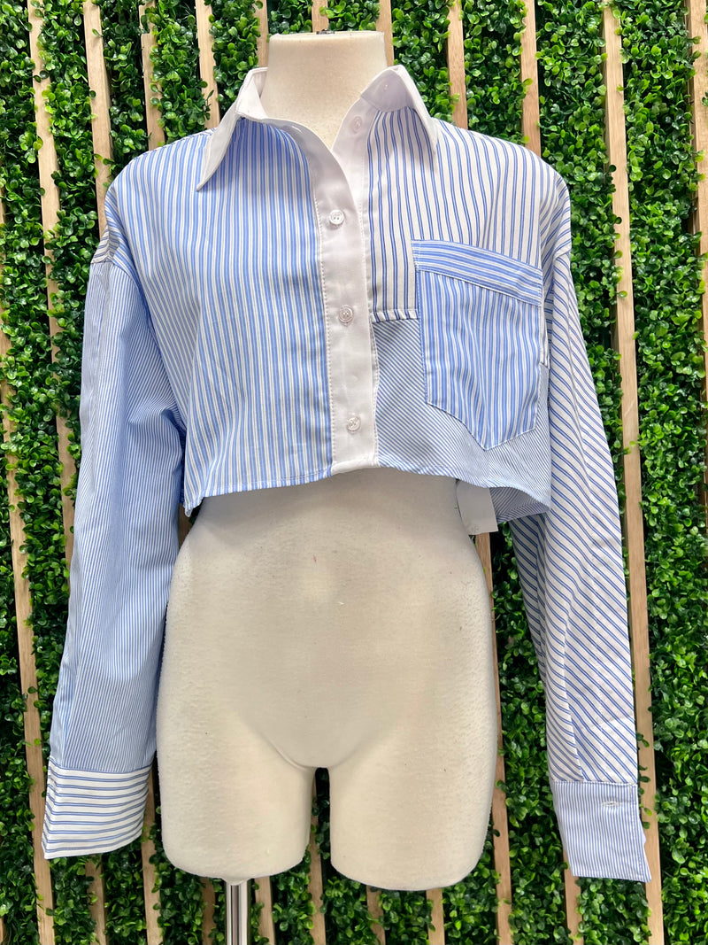 Blue Block Button Down Crop Top