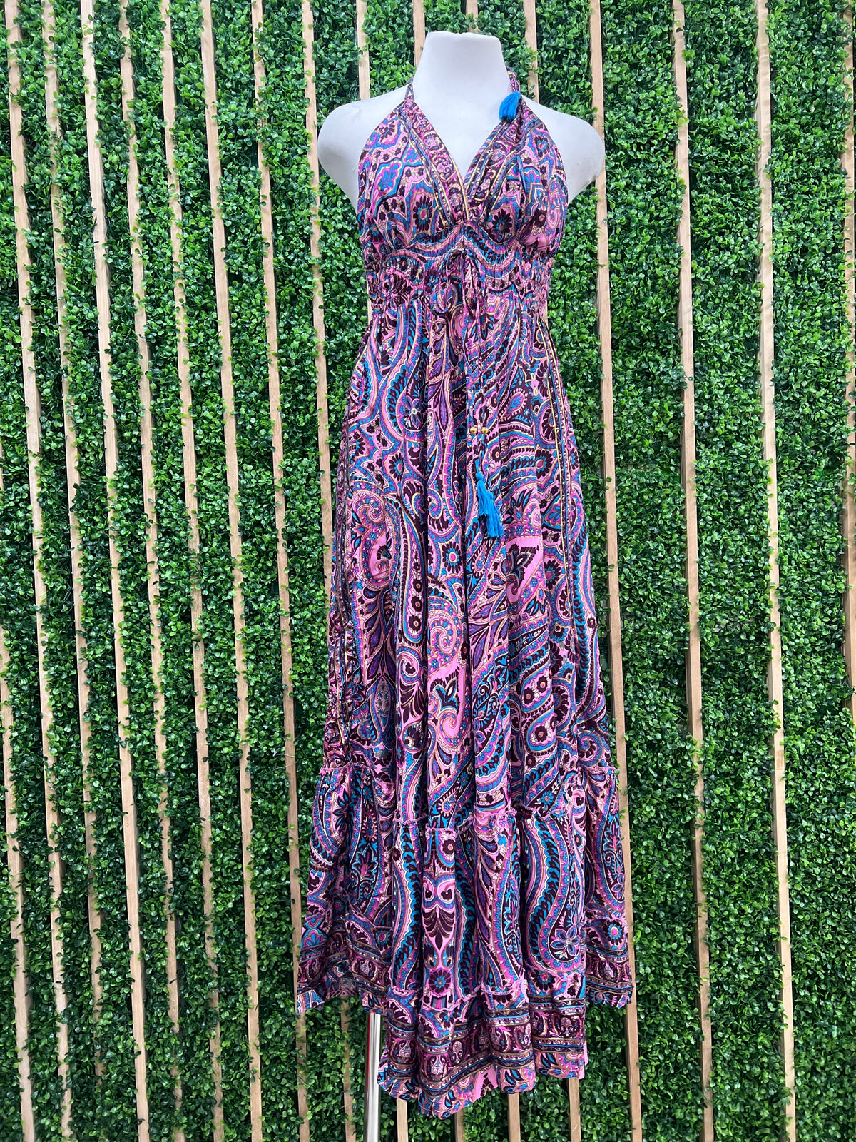 Paisley Smocked Waist Halter Maxi Dress