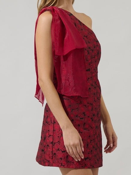 Red Bow Detail Jacquard One Shoulder Short Dress