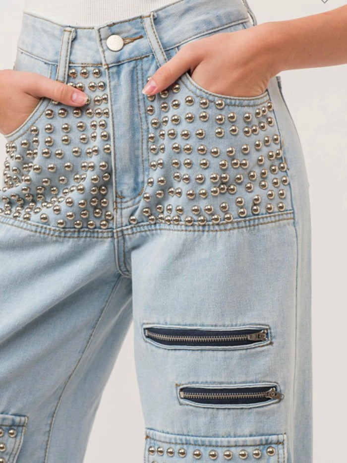 Light Denim Studded Cargo Pant