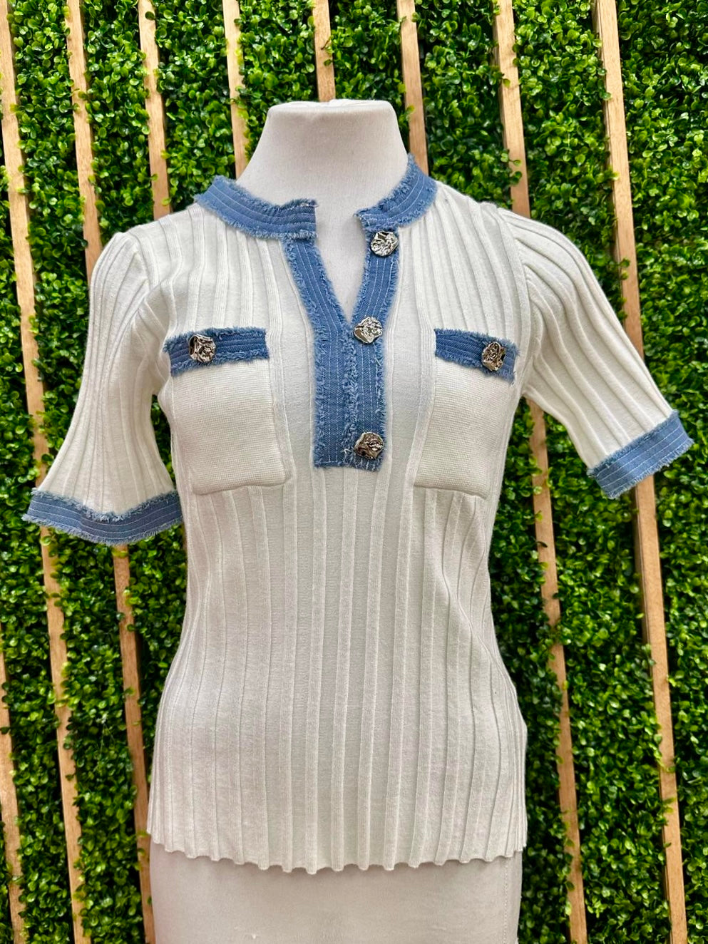 Ivory Denim Trim Knit  Top