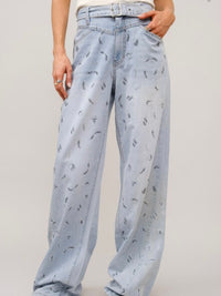 Belted Studded Leopard Wide Leg Jeans