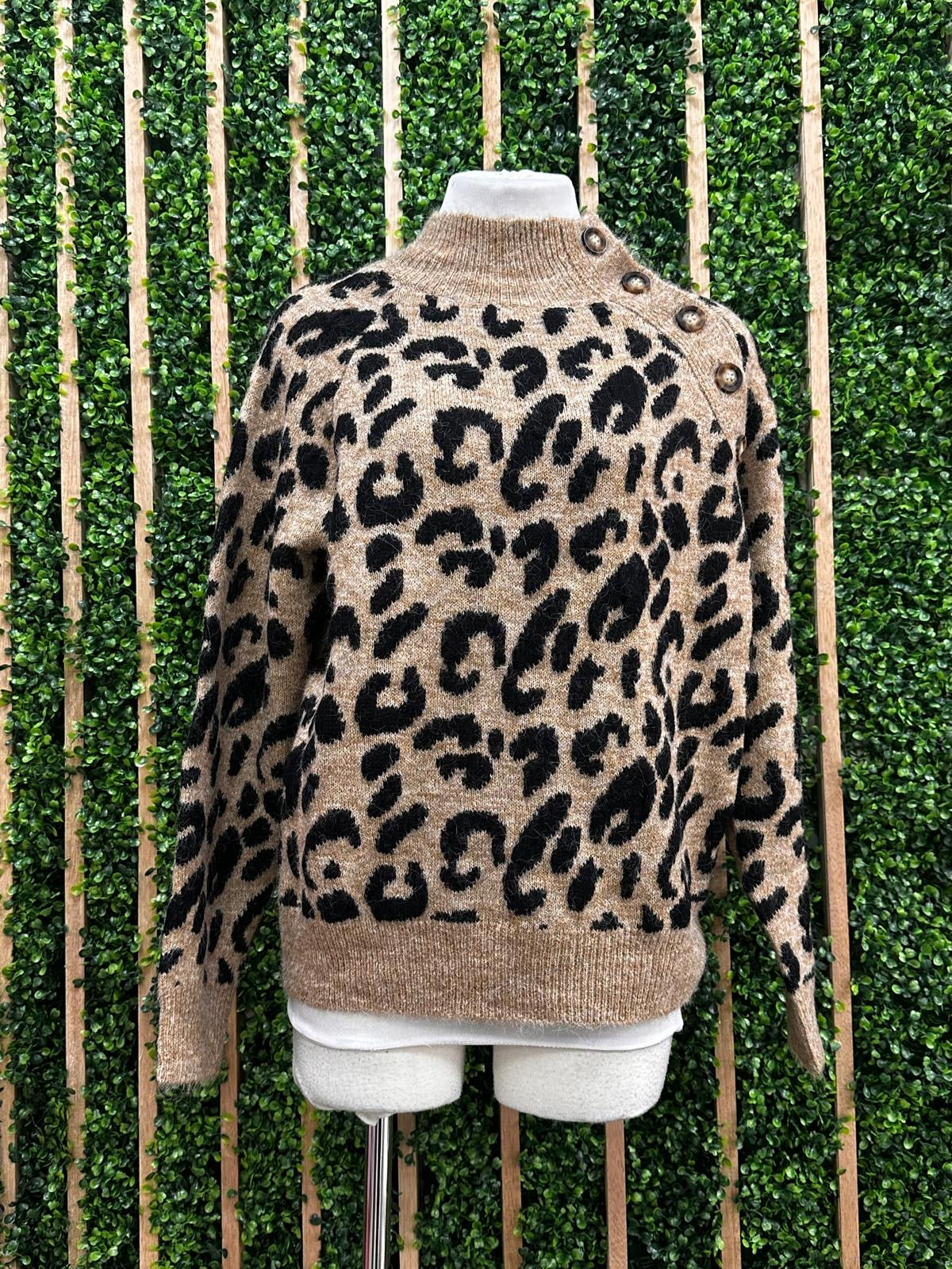 High Neck Button Detail Leopard Sweater