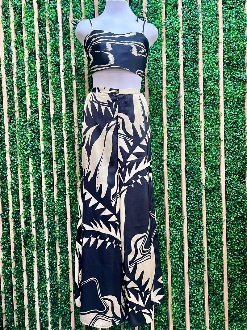 Black & Ivory Abstract Print Wide-Leg Pants