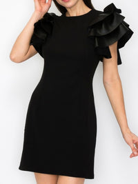 Black Faux Leather Ruffled Sleeves Short Dress