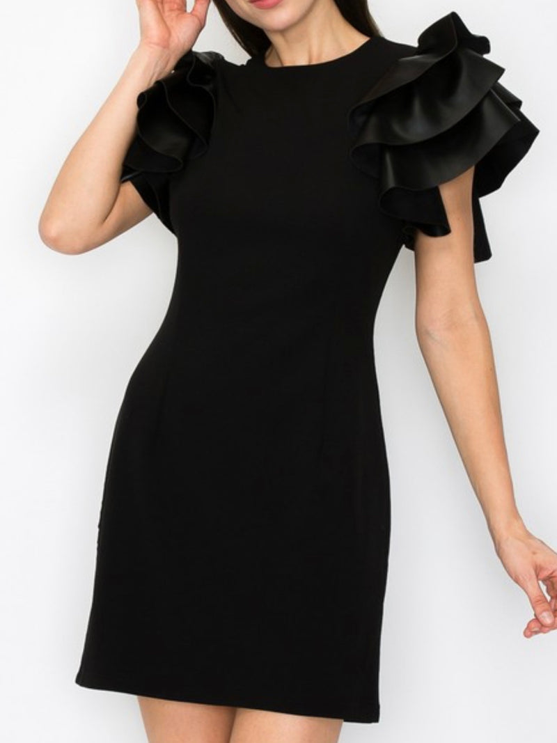Black Faux Leather Ruffled Sleeves Short Dress