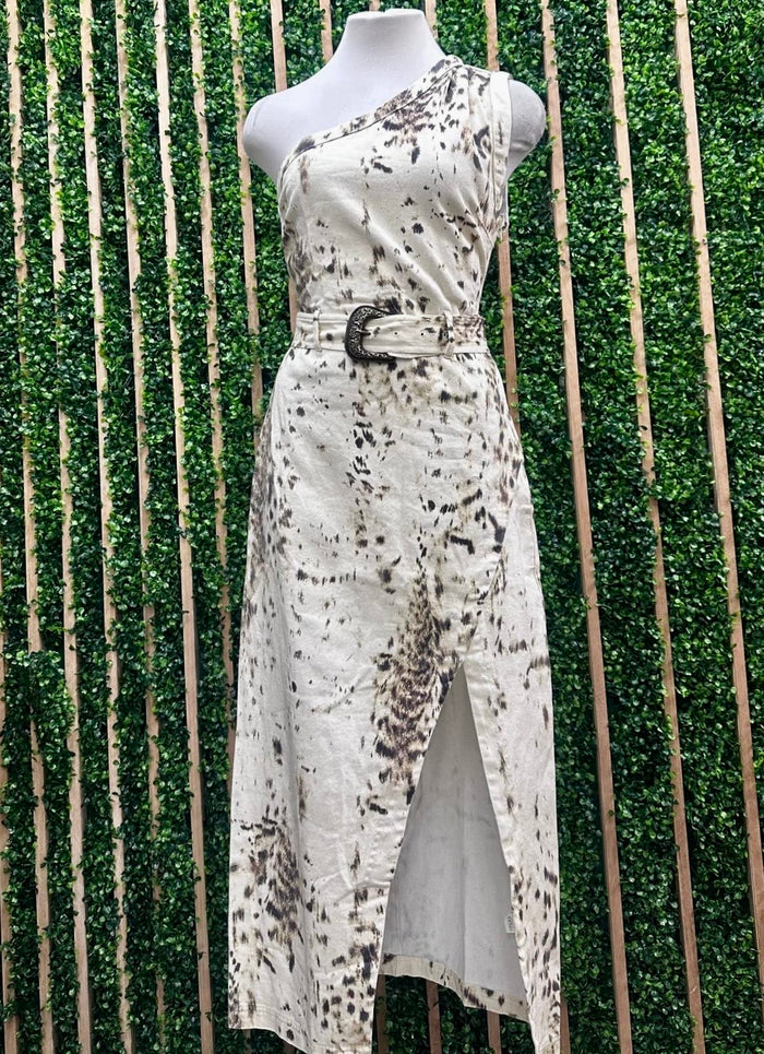 Ivory Brown Midi Printed One Shoulder Western Belted Dress