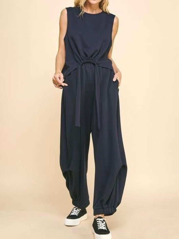 Crew Neck Cinch Tie Top Pant Set