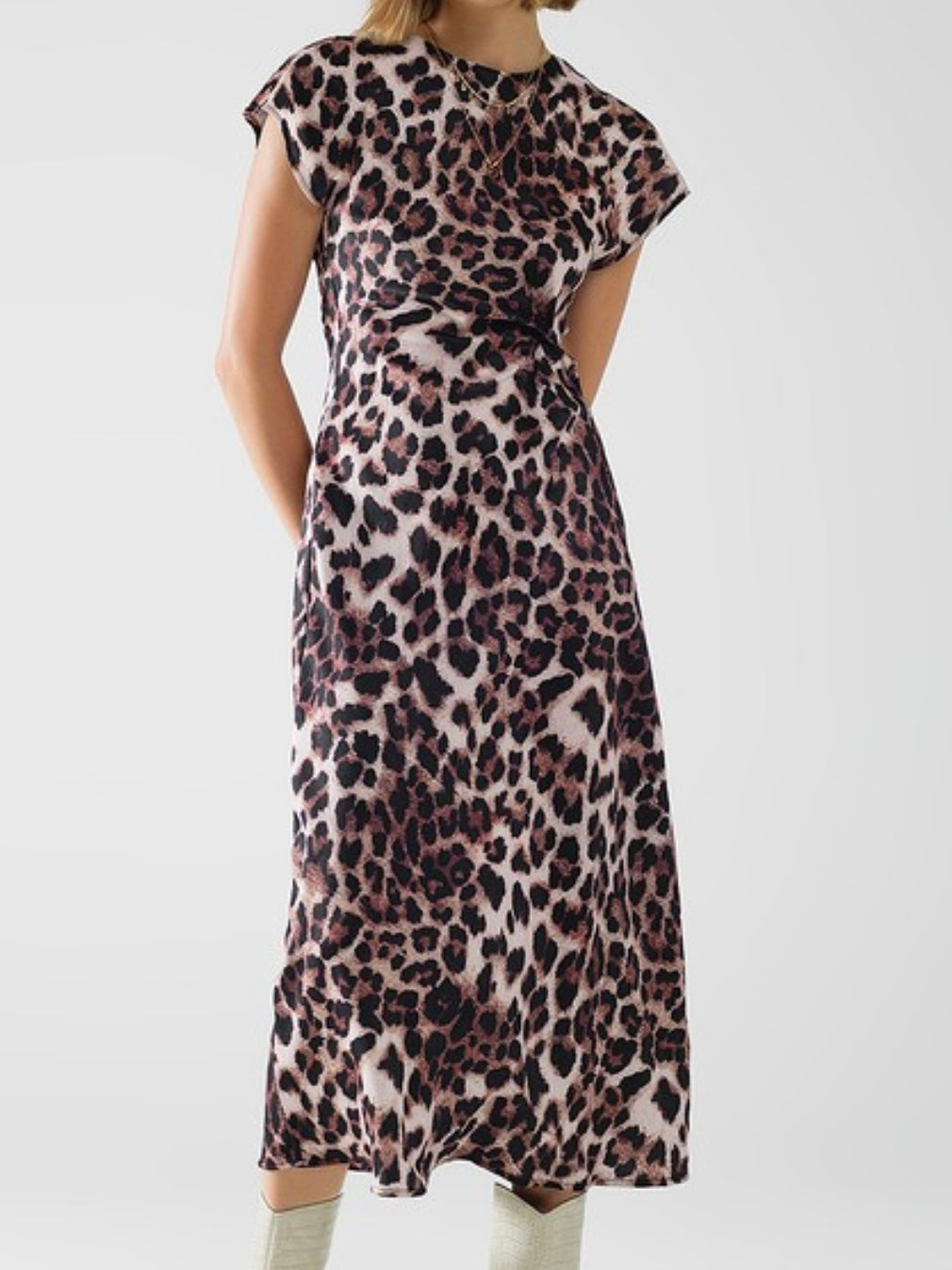 Twist Detail Leopard Round Neck Midi Dress