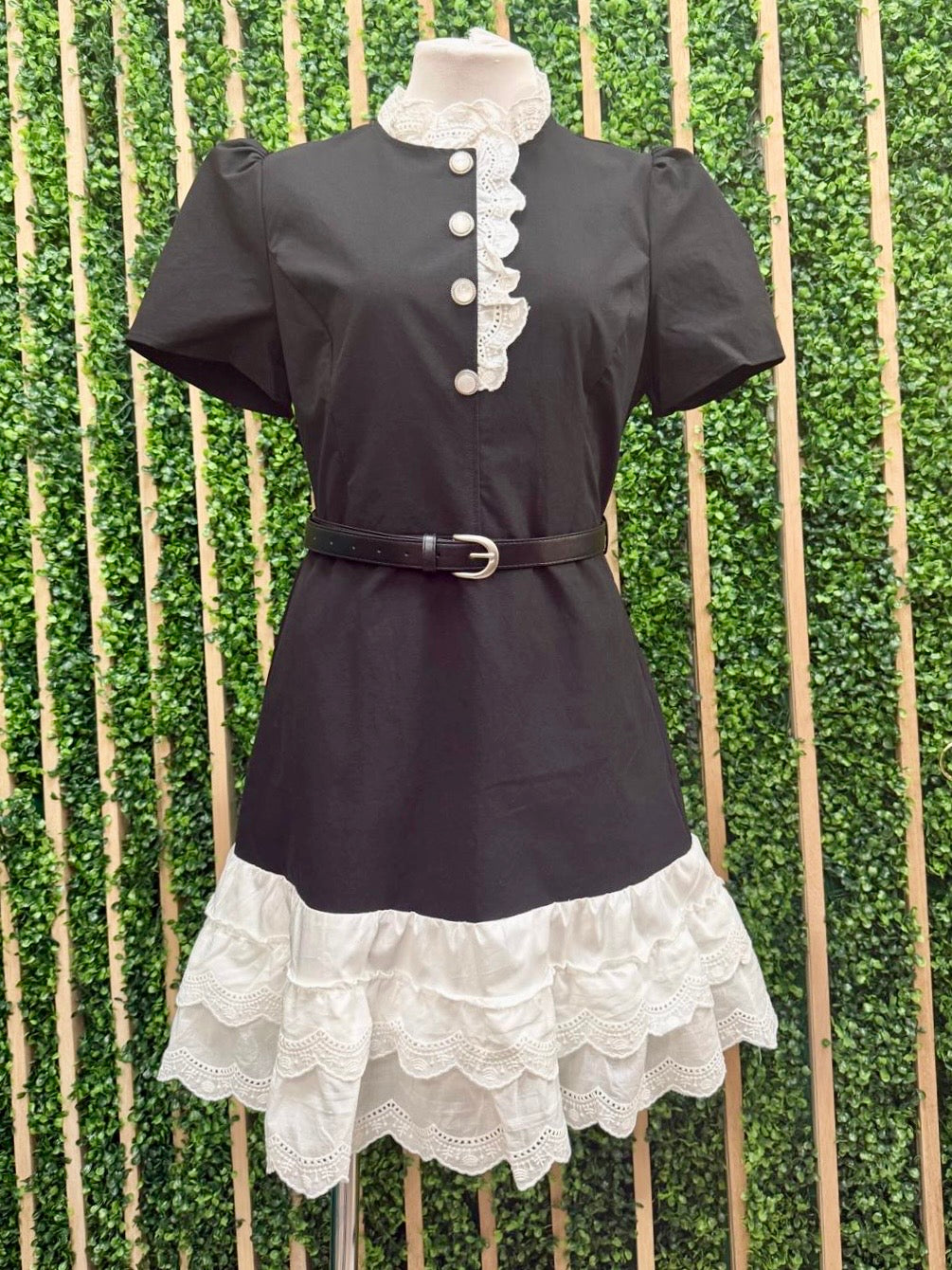 Black With Pearl Button Contrast Ruffle Mini Dress