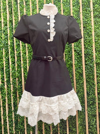 Black With Pearl Button Contrast Ruffle Mini Dress