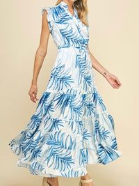 Beautiful Blue Leaves Angel Sleeve Maxi Dress