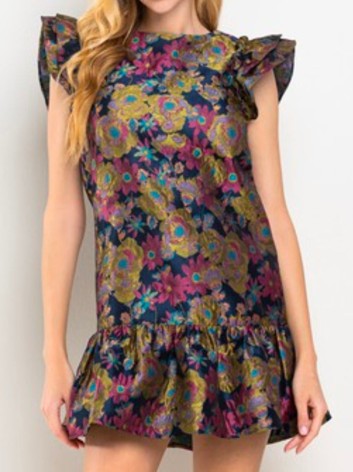 Jacquard Navy Floral Dropwaist Short Dress