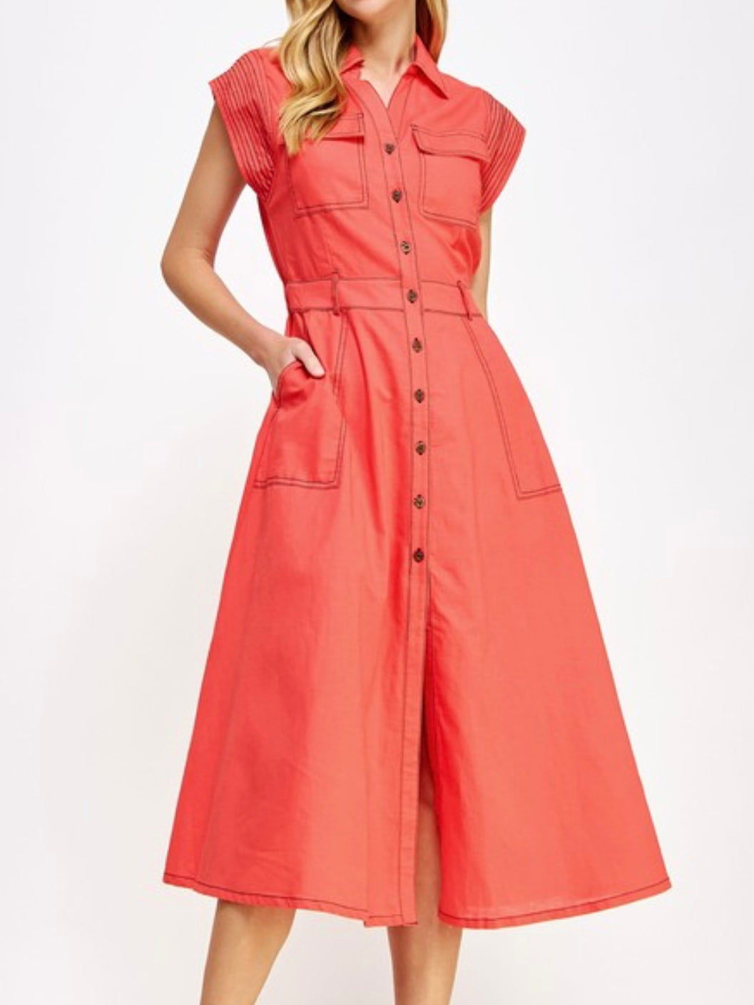 Stitch Detail Linen Midi Dress