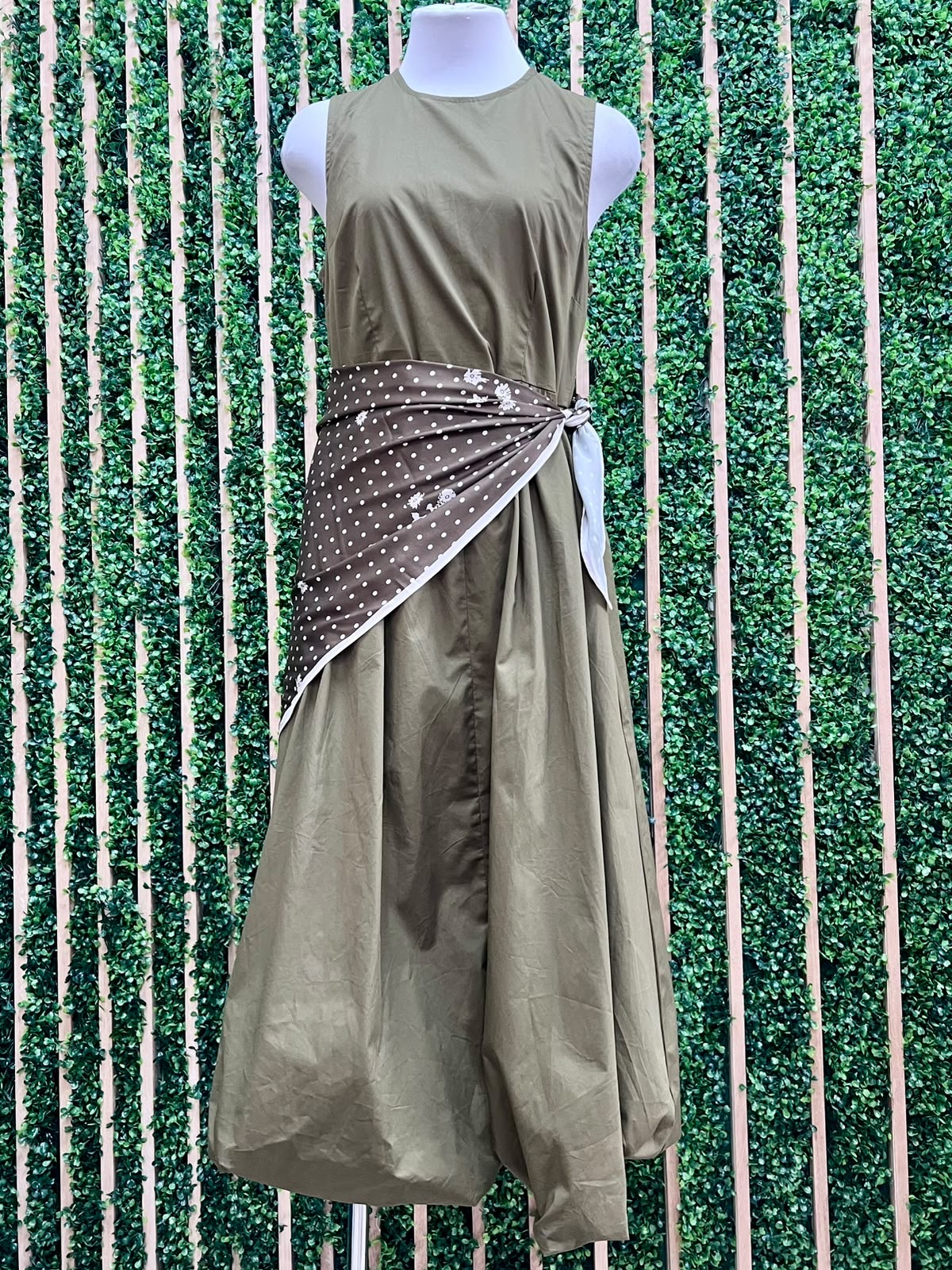 Olive Bubble Hem Midi Dress with Scarf Tie