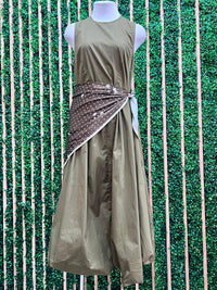 Olive Bubble Hem Midi Dress with Scarf Tie